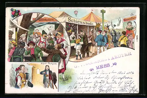 Lithographie Gruss von der Darmstädter Mess, Besucher vor Schiessbude, Riesendame und Waffelbäckerei