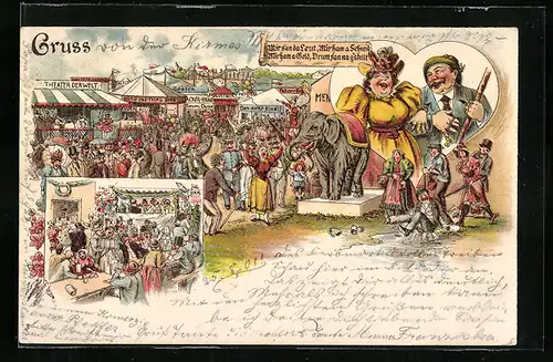 Lithographie Gruss von der Kirmes, Schaubuden mit Volksfestbesucher