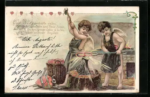 AK Zwei Liebesengel schmieden Eheringe, Amor