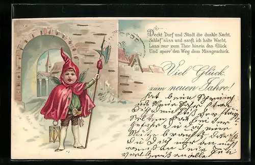 Lithographie Niedlicher Neujahrsengel als Nachtwächter im Ort
