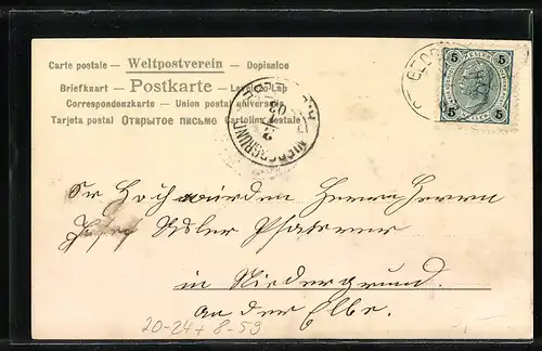 Lithographie Niedlicher Neujahrsengel als Nachtwächter im Ort