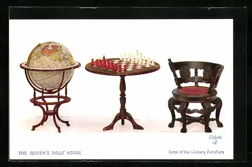 AK The Queen`s Dolls` House, Some of the Library Furniture, Globus, Schachbrett und Stuhl