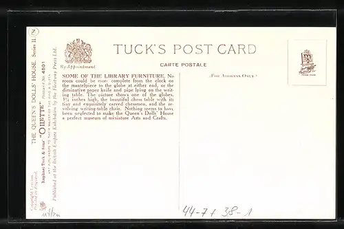 AK The Queen`s Dolls` House, Some of the Library Furniture, Globus, Schachbrett und Stuhl