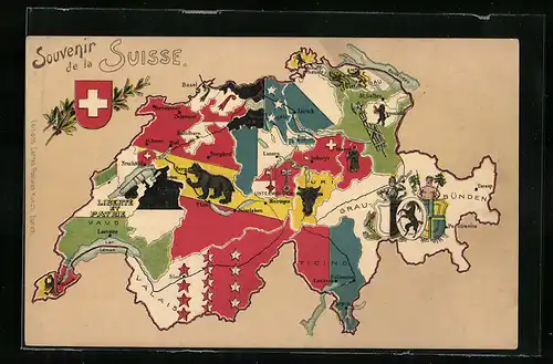 AK Landkarte Schweiz mit Wappen und anderen schweizerischen Motiven