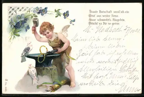 AK Amor schmeidet zwei Ringe zusammen, weisse Tauben, Vers