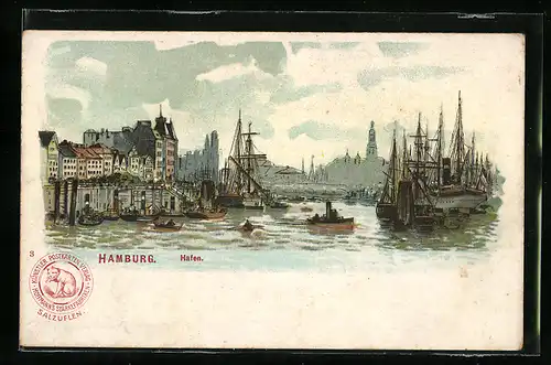 Lithographie Hamburg, Hafen, Reklame für Hoffmann's Stärkefabrik Salzuflen