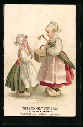 AK Zwei Mädchen in holländischer Tracht, Reklame für Teeschmidt von 1730