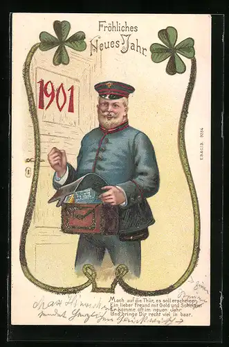 Lithographie Briefträger klopft an die Tür, Kleeblatt, Jahreszahl 1901