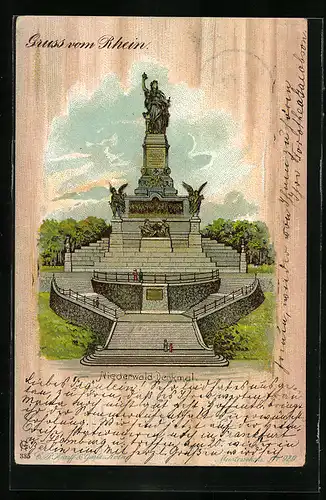 Lithographie Gruss vom Rhein, Niederwald-Denkmal