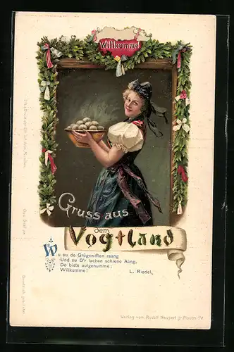 AK Frau mit Grügenifften in vogtländischer Tracht