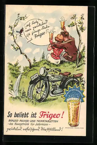 AK Reklame für Frigo Brause-Pulver und Trinktabletten, Paar mach Rast von der Motorradfahrt