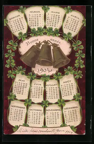 Präge-AK Jahreszahl 1904 mit Glocken und Kalender