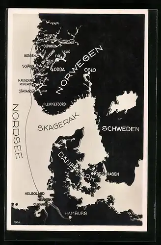 AK Landkarte mit Reiseweg in den Hardanger- und Sognefjord Norwegens