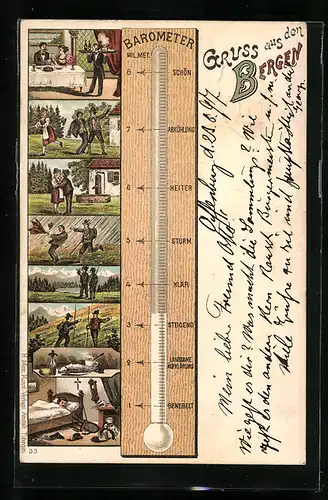 Lithographie Wanderer in diversen Situationen, Barometer