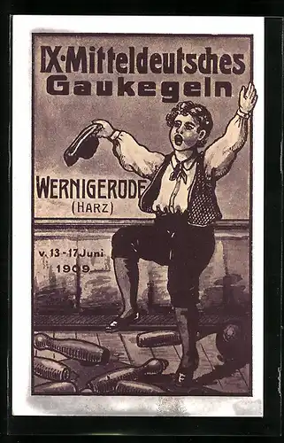 AK Wernigerode, IX. Mitteldeutsches Gaukegeln 1909, Junge schwenkt den Hut