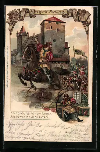 Lithographie Nürnberg, Märchen Eppeleins Sprung, Flucht von der Burg