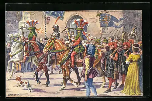 Künstler-AK Kassel, Tausendjahrfeier 1913, festlicher Aufzug der Bürgerschützen vor dem alten Rathaus