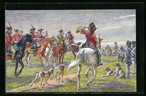 Künstler-AK Kassel, Tausendjahrfeier, Hofgesellschaft unter Landgraf Friedrich II. reitet zur Reiherbeize