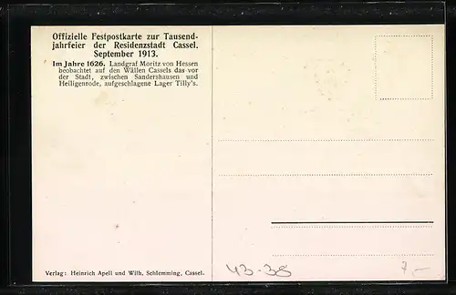 Künstler-AK Kassel, Tausendjahrfeier 1913, Landgraf Moritz von Hessen um 1926