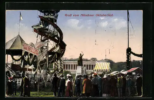 AK Münchner Oktoberfest, Festbesucher vor Attraktionen