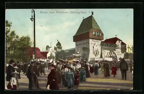 AK München, Gasthaus Augustinerbräu auf dem Oktoberfest mit Besuchern