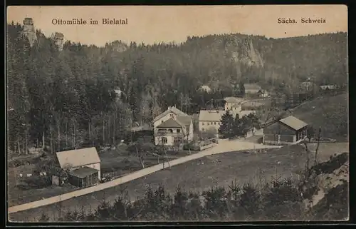 AK Ottomühle im Bielatal, Gebäudepartie vom Berg aus gesehen