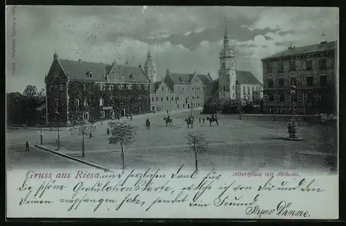 Mondschein-AK Riesa, Albertplatz mit Aichamt