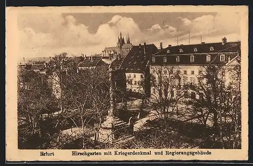 AK Erfurt, Hirschgarten mit Kriegerdenkmal und Regierungsgebäude