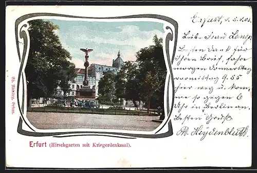 AK Erfurt, Hirschgarten mit Kriegerdenkmal