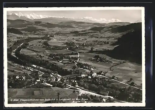 AK Zollbrück, Gesamtansicht, Blick auf Lauperswil und Alpen, Fliegeraufnahme