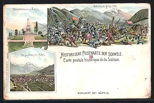 Lithographie Näfels, Schlacht bei Näfels, Schlachtdenkmal und Gesamtansicht der Stadt