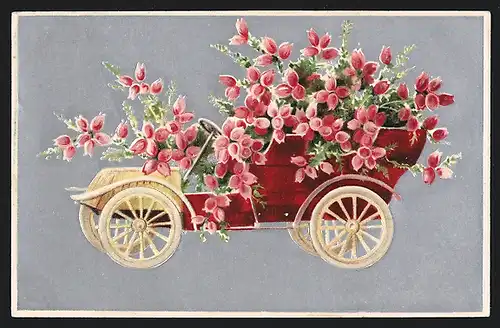 Präge-AK Auto mit Tulpen beladen