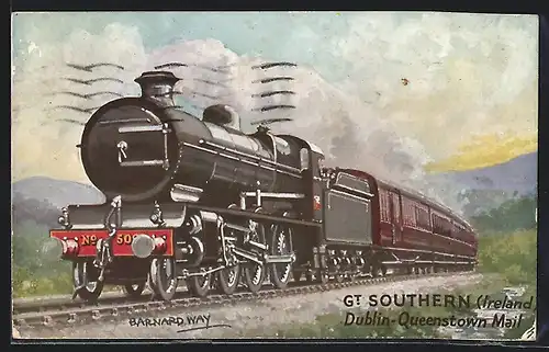 Künstler-AK Gt. Southern Ireland Dunlin-Queenstown Mail, englische Eisenbahn
