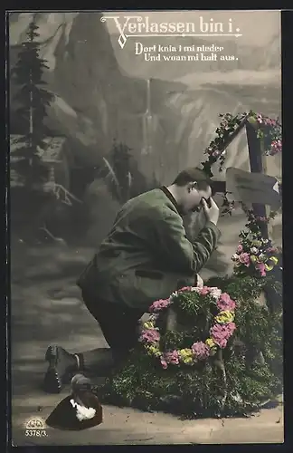 Foto-AK R & K / L Nr. 5378/3: Mann kniet an einem Grab, Verlassen bin i