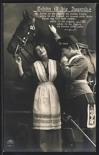 AK Soldatenliebe, Junger Soldat mit Pferd und Geliebter