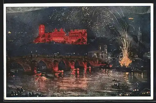 AK Heidelberg, Schloss bei nächtlicher Beleuchtung und Feuerwerk