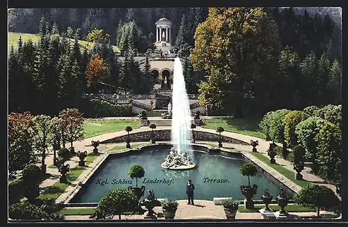 AK Ettal, Königliches Schloss Linderhof mit Terrasse und Fontäne