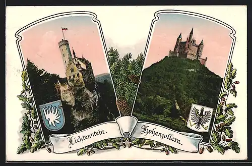 AK Burg Hohenzollern und Burg Lichtenstein mit Wappen
