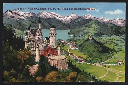 AK Schloss Neuschwanstein mit Blick auf Hohenschwangau und Gipfelpanorama
