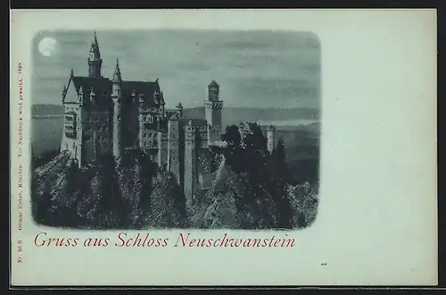 Mondschein-AK Schloss Neuschwanstein aus der Vogelschau