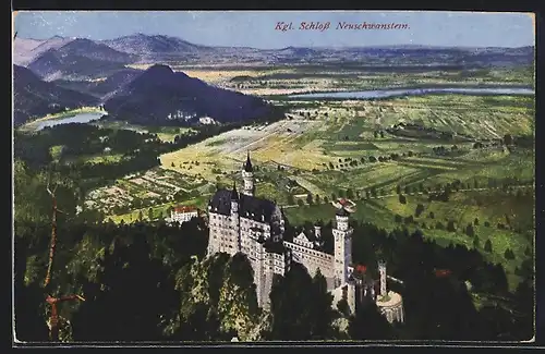 AK Schloss Neuschwanstein, Gesamtansicht aus der Vogelschau