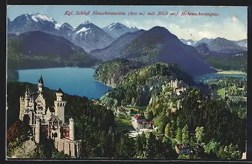 AK Schloss Neuschwanstein, Blick auf Hohenschwangau und Gipfelpanorama