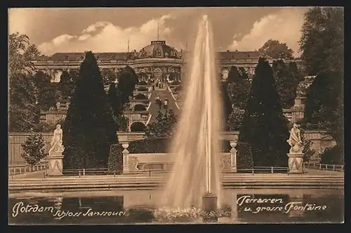 AK Potsdam, Schloss Sanssouci, Terrassen und grosse Fontäne