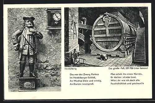 AK Heidelberg, Heidelberger Schloss, grosses Fass mit dem Zwerg Perkeo
