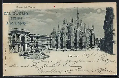 Mondschein-AK Milano, Piazza del Duomo