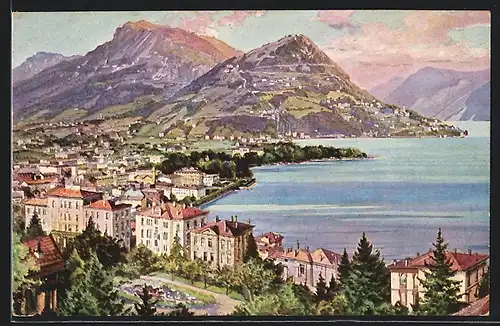 Künstler-AK Lugano, Panorama & Monte Bré e Boglia