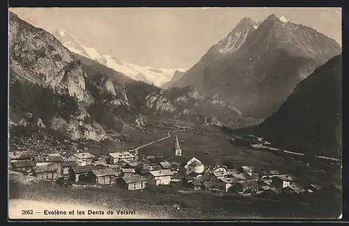 AK Evolene, et les Dents de Veisivi, Totalansicht über Ort mit Kirche, Gebirge