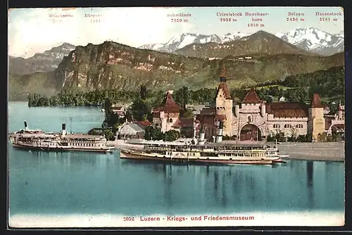 AK Luzern, Kriegs- und Friedensmuseum, Seitenraddampfer Unterwalder an d. Anlegestelle