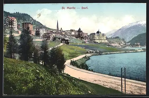 AK Sankt Moritz-Dorf, Ortsansicht und Uferpromenade