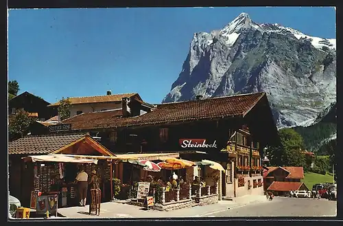 AK Grindelwald, Gasthaus Steinbock und Andenkenladen mit Blick auf das Wetterhorn